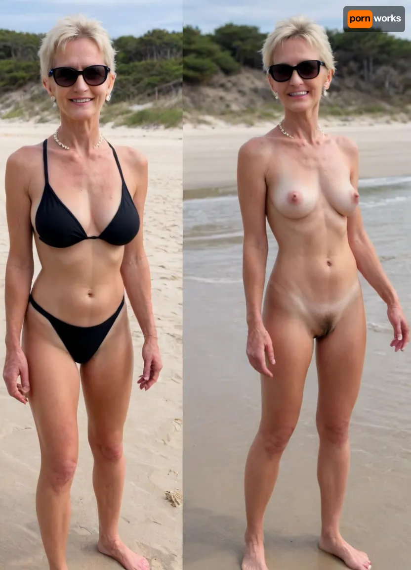 ((skinny mature lady 65 years old)), tall and skinny body, pale skin with tan marks, detailed old skin with stretchmarks and wrinkles, hairy genitals, short blonde ponytail hair, 65 years old mature woman, skinny body, (full body in view full nude with hairy pussy), skin with stretch marks, (same person, different pose, different angle), (2Split screens, 2split views, onoff:1.2), (wearing a black swim suit and sunglasses and pearl earrings), BREAK, (blurred bright beach background), walking at the beach with white sand, arrogant expression, smiling, perfecteyes, <lora:OnoffXL_ExtraCrispy:.5>, <lora:PerfectEyesXL:.8>