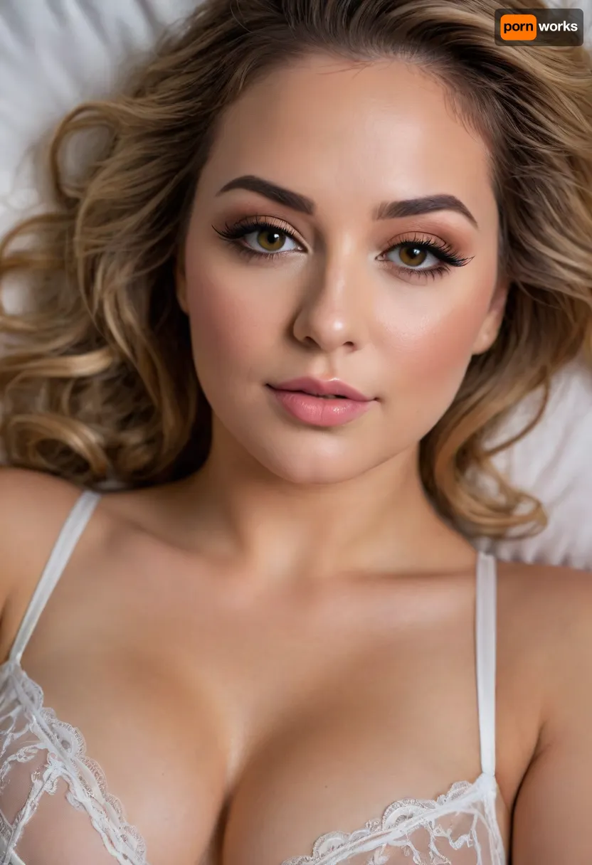 Closeup of her face, smirking wickedly, looking down her nose, lip curled up on one side, lips slightly parted, one eyebrow arched up, beautiful woman, bright amber eyes, (eyeliner, winged eyeliner), chubby, tight white lingerie, cleavage, in her 20s, thick, in bed, laying on her back, (ombre hair), (indirect lighting), shot from above, eye contact, 8k