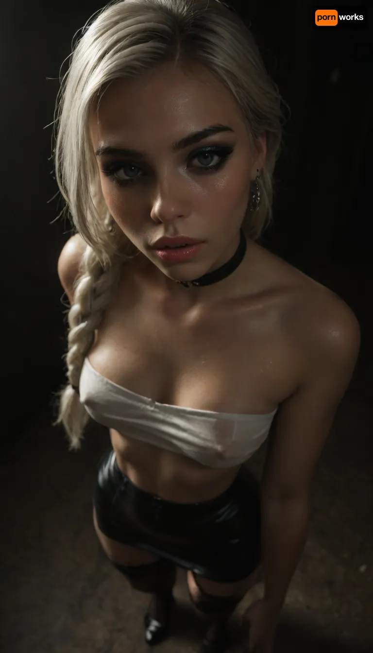 (score_7_up, score_8_up, score_9, 1girl, solo, masterpiece), ((face close-up)), ((standing)), (overhead view, view from above:1.3), (skindentation:1.1), sultry, seductive, seducing, alluring, intimate, sexual, horny, ((long white braided hair)), (white hair:1.5), (black leather micro skirt), (Oiled skin:1), (wet skin:1), 18yo girl, (athletic skin body), (narrow waist:1.4), ((hip gap)), insatiable, lustful, erotica, irresistible, ziprealism, ((white strapless top)), erected nipples, black fishnet choker, platform high-heels, ((makeup:1.6)), (stockings:1), dim light, (mouth wide open), ((light_blue_eyes:1.4)), (black background, chiaroscuro lighting:1), <lora:sunnyrayyxo_v1_SDXLBase:.4>, <lora:dark:.6>