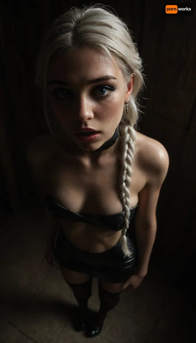 (score_7_up, score_8_up, score_9, 1girl, solo, masterpiece), ((face close-up)), ((standing)), (overhead view, view from above:1.3), (skindentation:1.1), sultry, (surprised face), ((long white braided hair)), (white hair:1.5), (black leather micro skirt), (Oiled skin:1), (wet skin:1), 18yo girl, (athletic skin body), (narrow waist:1.4), ((hip gap)), insatiable, lustful, erotica, irresistible, ziprealism, ((white strapless top)), erected nipples, black fishnet choker, platform high-heels, ((makeup:1.6)), (stockings:1), dim light, (mouth wide open), ((light_blue_eyes:1.4)), (black background, chiaroscuro lighting:1), <lora:sunnyrayyxo_v1_SDXLBase:.4>, <lora:dark:.6>