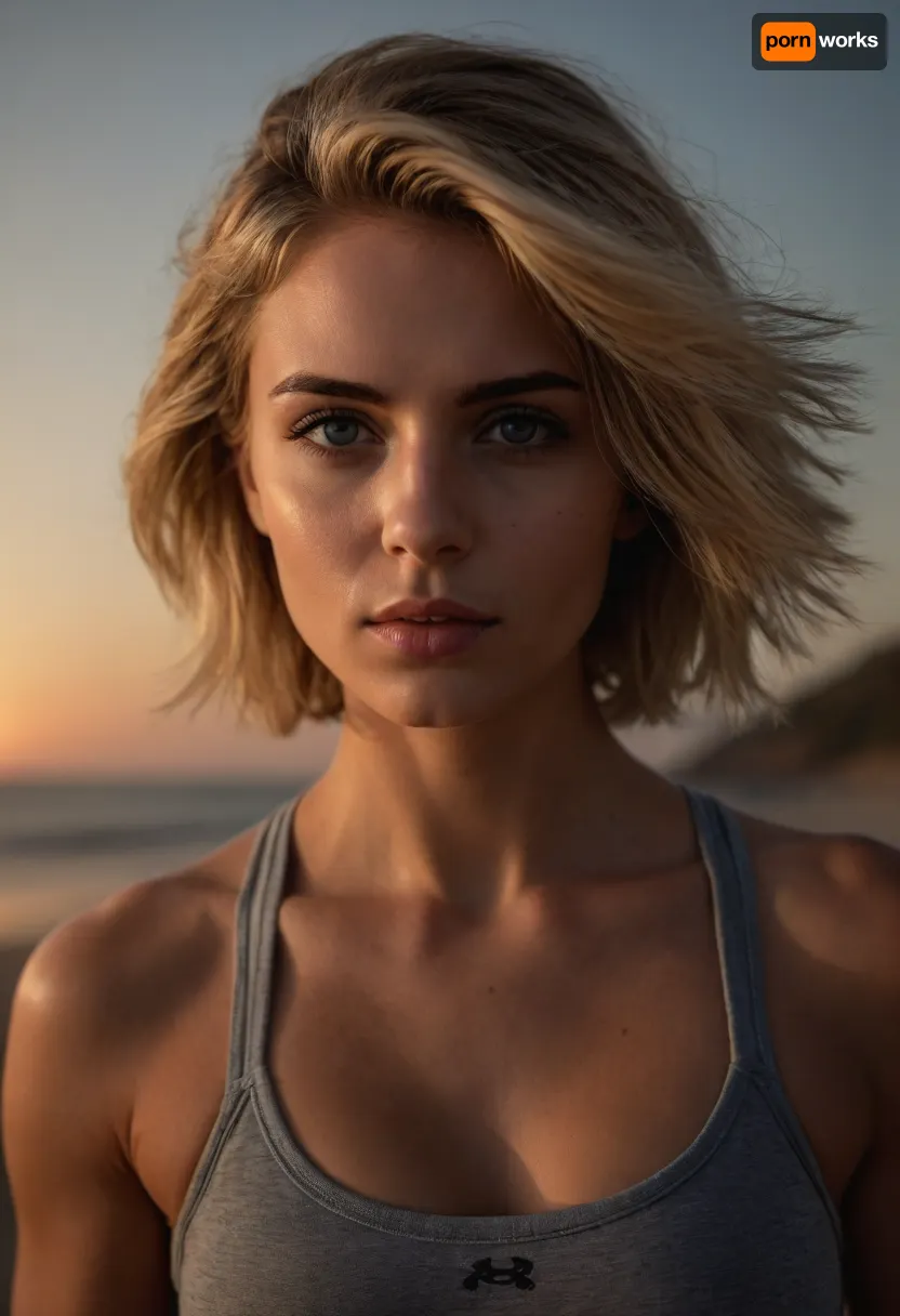 ziprealism, (21 Year old, fitness model, inspirational athleticware esthetic, beach sunset:1.6), (perfect eyes, focus on eyes:1.2), (shallow depth of field, layered composition, analog lens, low angle view:1.4), (split lighting, contrasting shadows:1.8), (sports bra, power stance, confident pose:1.4), (ultra realistic, 8k, 4k, ultra-detailed, Instagram model, professional photography, maximum quality, uhd, RAW photograph), Scandinavian, Viking, Irish, Scottish, (grey eyes, gray eyes, large expressive eyes), (detailed eyes, high resolution eyes, natural skin texture, high quality eyes), (fit body, toned body, athletic body, muscular shoulders), (large breasts, soft breasts), (wide jaw, strong jaw, square jaw, prominent high cheekbones, lean face), (ash-blonde hair with dark roots:1.2), (bob cut hair, asymmetric haircut, swept-back hair style:1.4), (determined expression, fierce competitor:1.2), Stable-Yogis-Makeup-Enhancer-XL