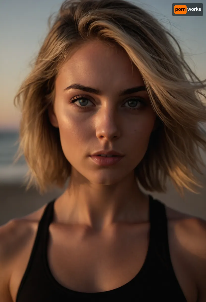 ziprealism, (21 Year old, fitness model, inspirational athleticware esthetic, beach sunset:1.6), (perfect eyes, focus on eyes:1.2), (shallow depth of field, layered composition, analog lens, low angle view:1.4), (split lighting, dramatic shadows:1.8), (sports bra, leaning forward, sprinter:1.4), (ultra realistic, 8k, 4k, ultra-detailed, Instagram model, professional photography, maximum quality, uhd, RAW photograph), Scandinavian, Viking, Irish, Scottish, (grey eyes, gray eyes, large expressive eyes), (detailed eyes, high resolution eyes, natural skin texture, high quality eyes), (fit body, toned body, athletic body, muscular shoulders), (large breasts, soft breasts), (wide jaw, strong jaw, square jaw, prominent high cheekbones, lean face), (ash-blonde hair with dark roots:1.2), (bob cut hair, asymmetric haircut, swept-back hair style, windblown hair:1.4), (determined expression, fierce competitor:1.2), Stable-Yogis-Makeup-Enhancer-XL
