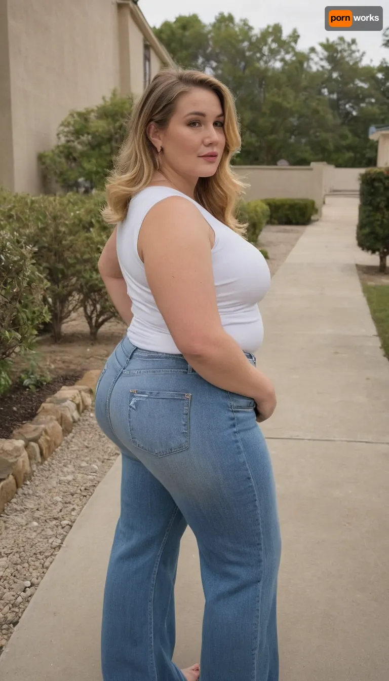 Huge pawg, huge giant wide ass, Photorealistic. Plus size jeans fashion style image. Full body view, plus size, dirty blonde, prominent bulging fupa, age 60, waiting at the open the door, stairs, fat large chubby soft arms, focus face, look at the viewer, rear to side view, very wide broad hips, curvy, bbw chubby milf, tall large, woman, pale skin, fat thick arms, wide low sagging butt cheeks, freckles. dirty blond long hair, bob haristyle, freckles, cloudy day, earrings, (very small white sleeveless chiffon blouse open buttons), open some buttons, deep neckline, ((pookies)), jeans, barefoot, pretty handbag, date, elegant, pretty, outside, modern house, garage, street, courtyard entrance, light by flash, looks like a real pic, stretch, marks, <lora:stretch_marks:.3>