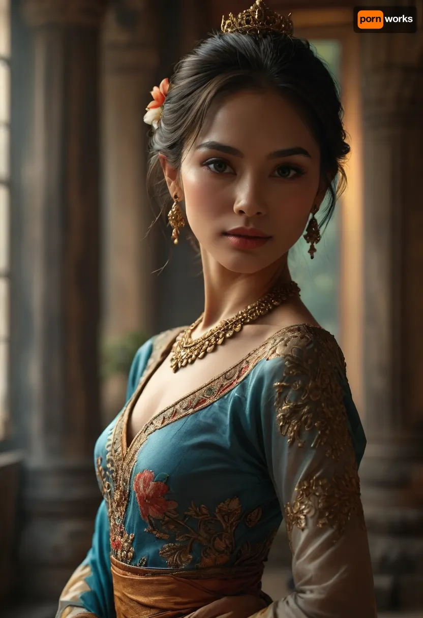 A photorealistic scene set in an ancient Thai temple, featuring a beautiful Thai dancer in traditional attire. The dancer is performing an elegant, graceful dance, her movements fluid and captivating. Her clothing is intricately detailed, with vibrant colors and traditional patterns. The setting is lush and atmospheric, with ancient stone structures, tropical plants, and soft, natural lighting. The dancer’s face and body are depicted with exquisite detail, capturing the elegance and grace of the moment. The scene is designed to be both sensual and highly detailed, focusing on the dancer’s expression, attire, and the ambiance of the temple, Her face is characterized by gentle, almond-shaped eyes, a smooth, radiant complexion, and delicate cheekbones. She has a soft, inviting smile, and her expression exudes grace and warmth, (high resolution:1.5), 8k, perfect realistic photo, smoky blues toward the back of the room. Volumetric smoke effects, highly detailed vintage fabrics, soft cinematic depth, richly textured environment, (maximum photo quality:1.4), (maximum resolution:1.5), <lora:MJ52:.6>, <lora:hair-over-face-01-000007:.8>