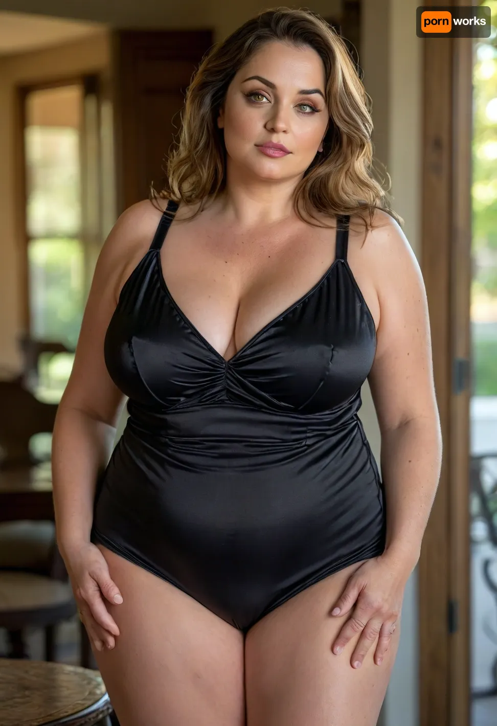 beautiful eyes, 59yo milf, mature, milf, photorealistic, 8k, ultra-detailed, raw photo, masterwork, (voluptuous figure:1.4), (obese woman:1.2), plus size, full body shot, indoor portrait, full chest, sagging breasts, wide hips, thick thighs, short black sundress, spaghetti straps, satin, fabric tension, natural contour, soft light, golden hour, rim lighting, patio background, confident pose, (detailed skin texture:1.3), 85mm, f/1.4, cinematic lighting, <lora:style_lora_realis:.8>, Ana, Armas, <lora:ana_xl_8x8-000025:.8>