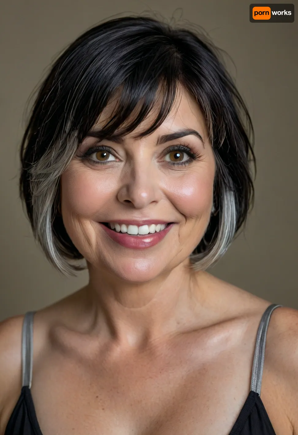 (fat:1.3), 60 year old mature woman, photography studio, perfect studio lighting, obese, drooping, saggy, (smile:1.3), upper body shot, (detailed skin:1.8), (black bob cut straight hair with silver highlights:1.3), (big eyes:1.3), (detailed eyes), beautiful eyes, captivating amber eyes, Sharp eyes, (medium sagging fat breasts:1.2), wearing a white lowcut v-neck spaghett strap tank top, <lora:style_lora_realis:.8>