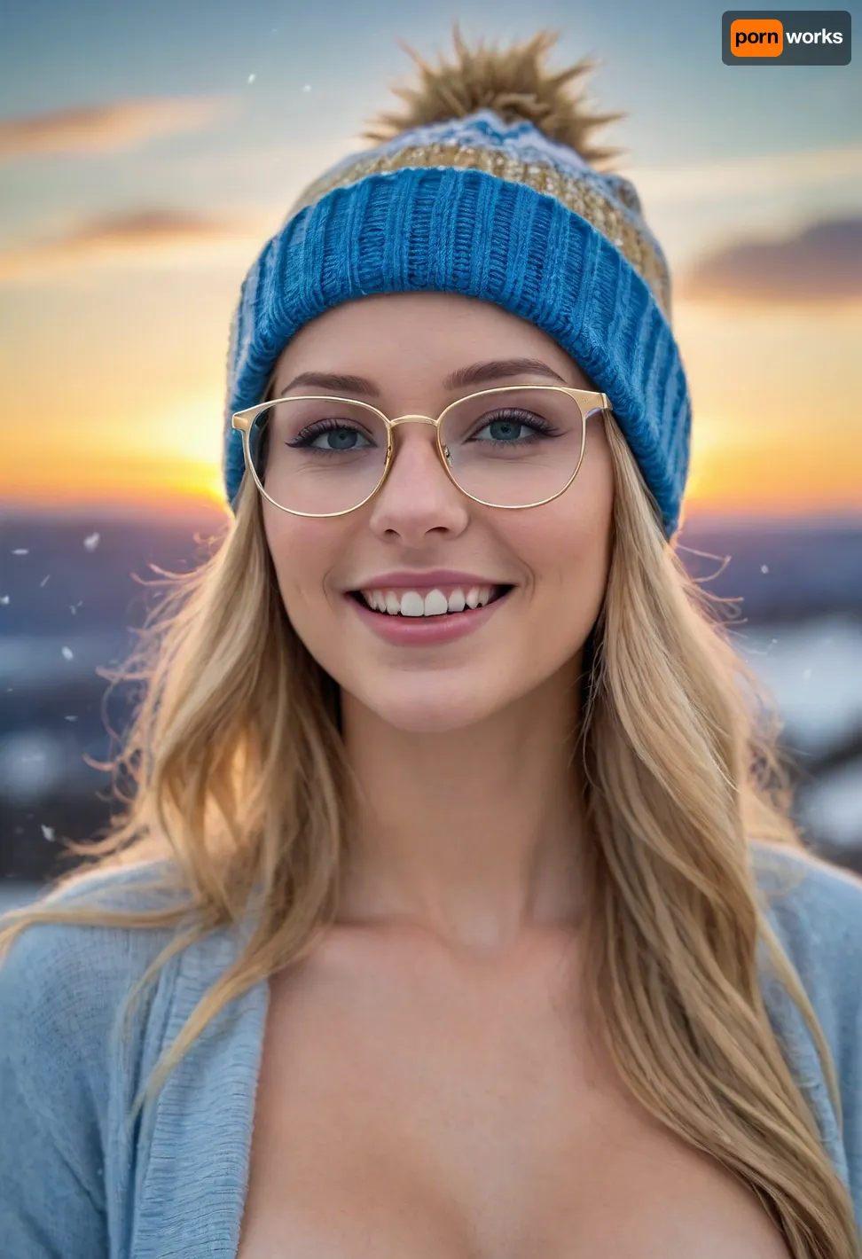 Woman, (topless), hard nipples, Long blonde hair, wool cap, posing, smiling, Snowing, sunset, 3/4 View, (photorealistic, highly detailed, best quality, masterpiece, high definition), (big thin rectangle blue glasses with gold lens)