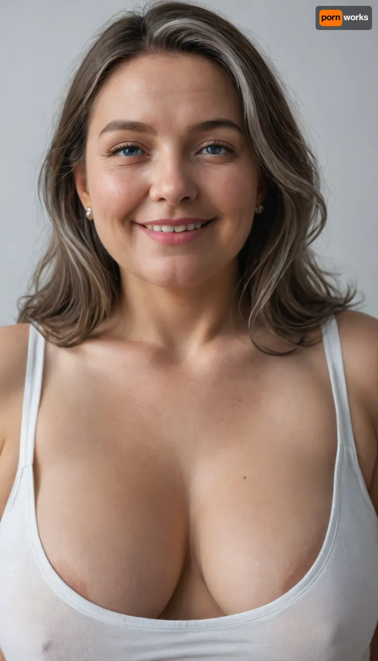 (White silver milf:1.4), (fat bbw:1.3), 60 year old mature woman, (photography studio:1.6), (perfect studio lighting), (obese:1.5), drooping, saggy, (smile:1.3), (upper body shot), (detailed skin:1.8), (brunette straight hair with gray highlights:1.3), (big light blue eyes:1.3), (detailed eyes), (small sagging fat breasts:1.2), (mature face), wearing a lowcut v-neck sleeveless T-shirt