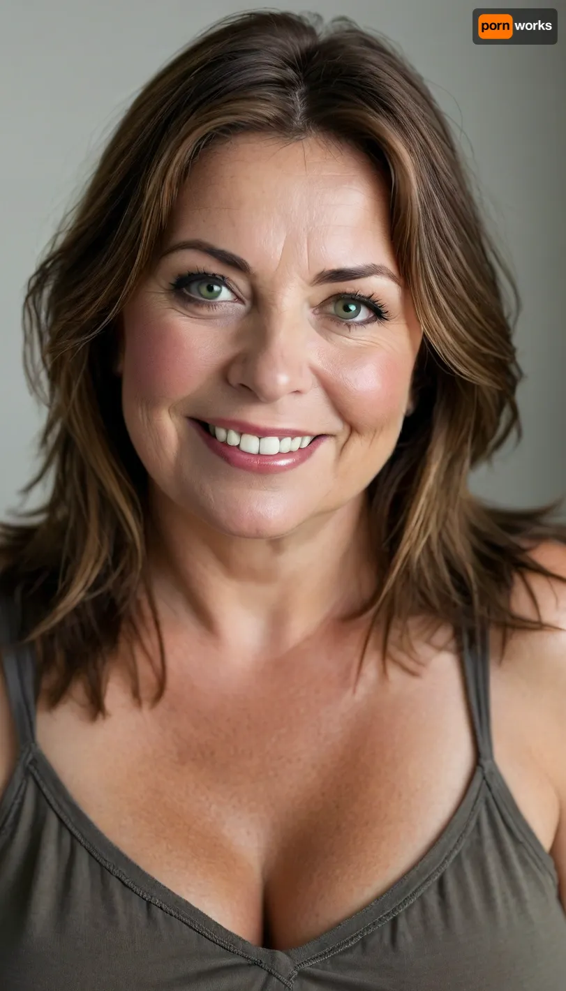 Fat Bbw 60 year old mature woman, photography studio, perfect studio lighting, obese, drooping, saggy, smiling, upper body shot, detailed skin, (brunette straight hair with highlights:1.3), big eyes, green eyes, (detailed eyes, beautiful eyes, captivating light eyes), Sharp eyes, wearing a black lowcut v-neck spaghett strap tank top, <lora:style_lora_realis:.8>