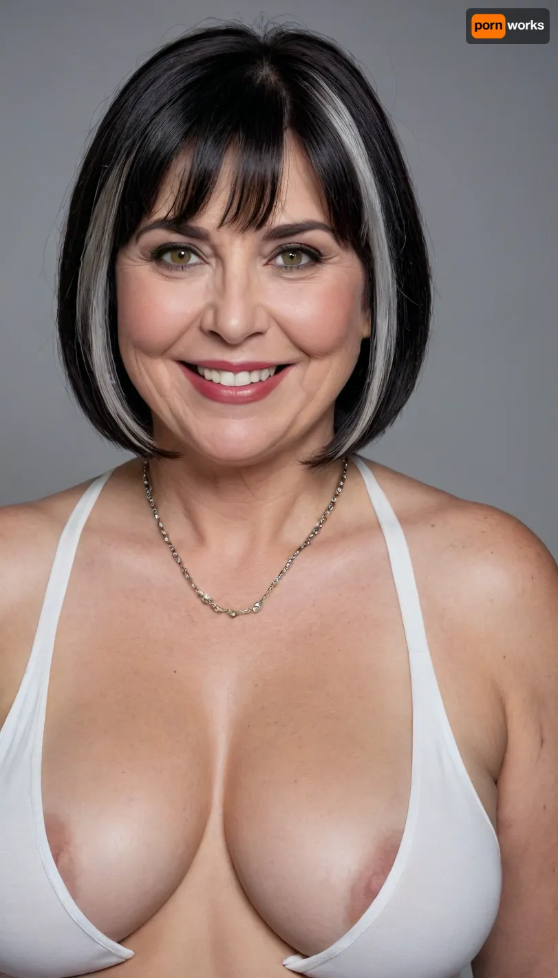 (fat:1.3), 60 year old mature woman, photography studio, perfect studio lighting, obese, drooping, saggy, (smile:1.3), (upper body shot), (detailed skin:1.8), (black bob cut straight hair with silver highlights:1.3), (big light eyes:1.3), (detailed eyes), (medium sagging fat breasts:1.2), wearing a white lowcut v-neck spaghett strap tank top