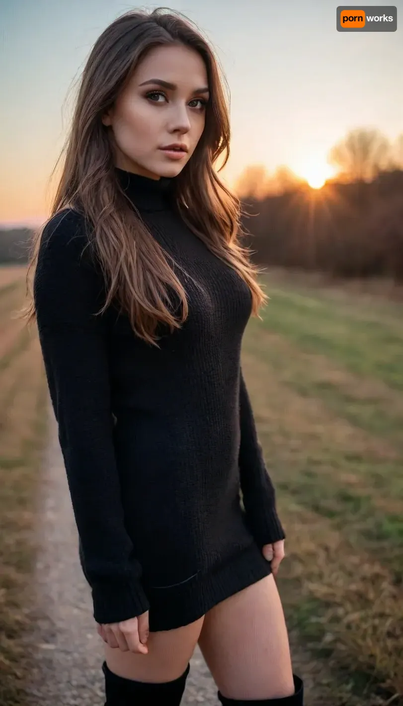 girl wearing a black mini dress, sweater, overknee winter boots, long hair, seductive eyes, soft lips, dynamic angle, autumn fashion, sunset, nia, 1girl