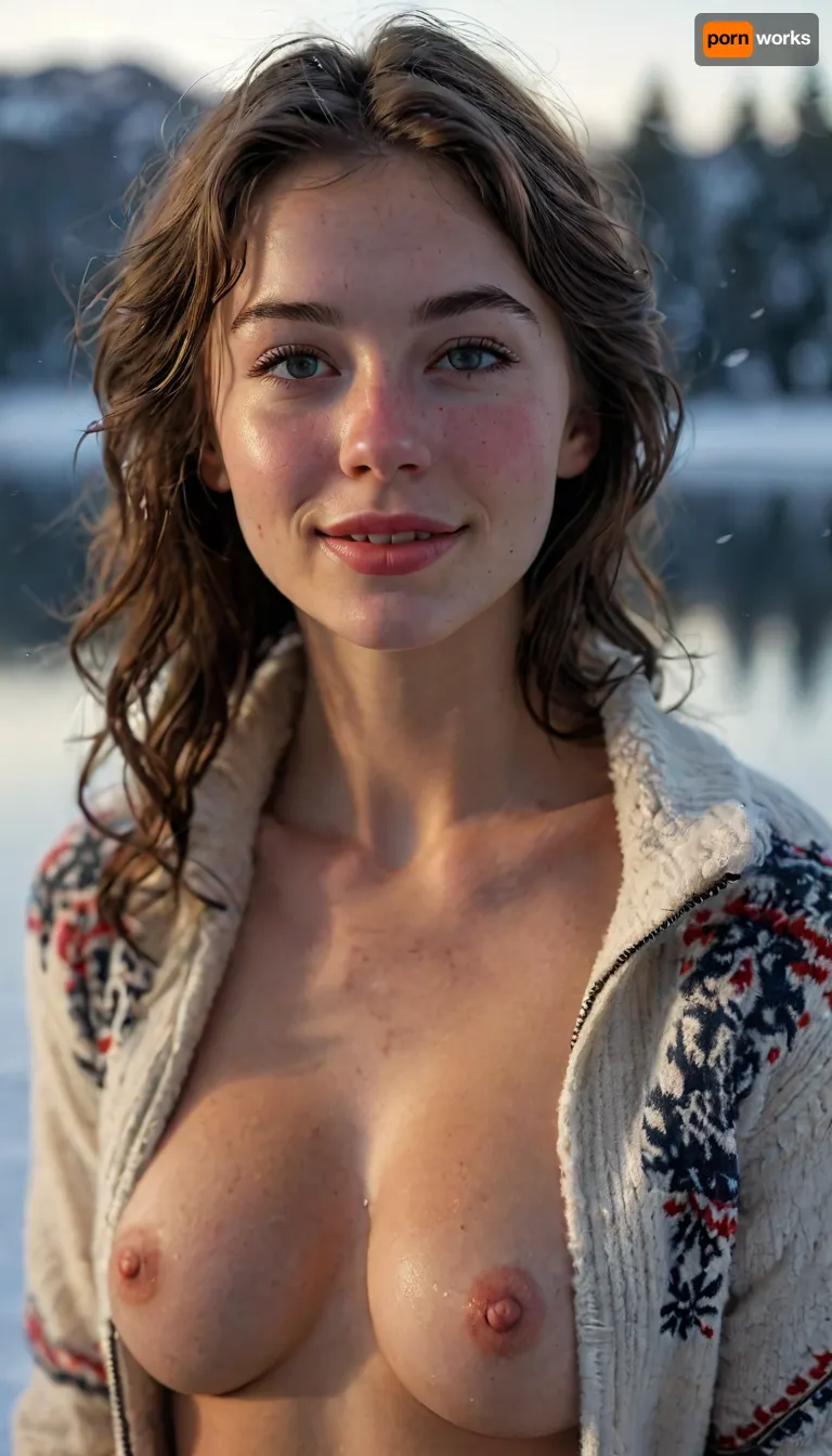 Score_9, beautiful slender 26-year-old woman standing by a Wisconsin lake on a winter afternoon, (show from thighs up:1.3), slender petite pale Midwestern American woman, 26 years old, messy neckline-length very wavy dark black black hair, long oval-shaped face, amused dark blue eyes, dark eyebrows, strong cheekbones, shy infectious smile, lip gloss, slight overbite, prominent freckles especially on nose and cheekbones and chest, (wearing an unzipped Norwegian ski pullover:1.4), ((breasts exposed:1.3)), bottomless, exposed hairy bush, pale skin with faint tan lines, slender, perky boobs, highly detailed skin, tight ass, wholesome, hairy bush, realistic skin with natural pores and blemishes, damp sweaty skin, smiling, in ecstasy, handslora, hyperdetailed, cinematic, photo realistic, hyper realism, key visual, intricate detail, highly detailed, vibrant, exciting, nighttime, lots of shadows, romantic, masterpiece, <lora:MJ52:2>, <lora:add-detail-xl:2>