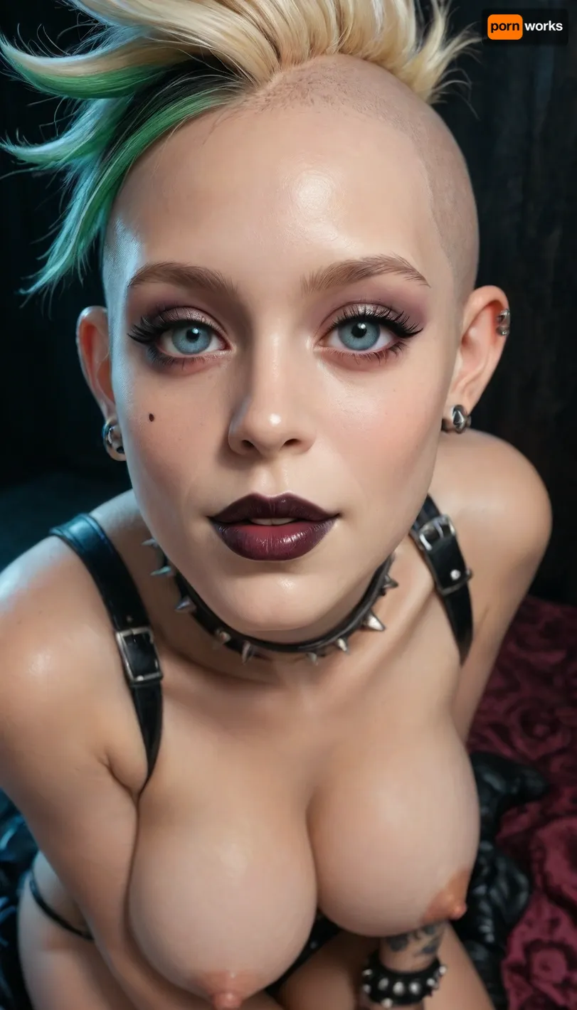 (gothpunk:1.6), (close-up of her face:1.2), solo focus, (black spiked hair), (face skull tattoo:1.4), (albino skin:1.4), (shaved head), neon green highlights, smiling, piercings, nose ring, eyebrow ring, (black lipstick), spike bracelets, (straps), emo, (perfect mouth), (perfect lips), (black walls), (bright neon spotlights), (close up:1), (reiq:1.2), (from above:.4), (reaching forward:.5), sitting, knees raised up, busty