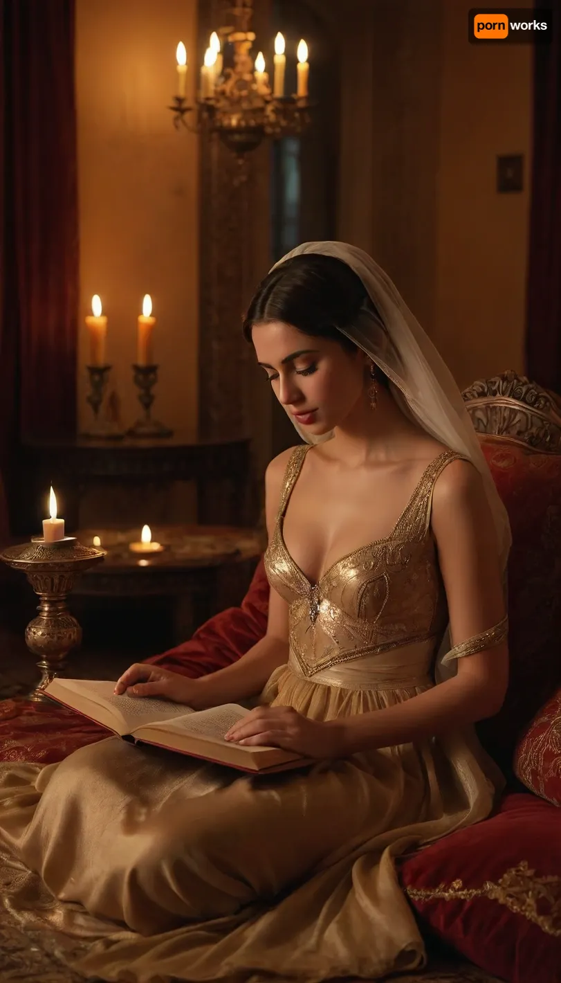 arabic prince and Arabic princess Scheherazade in Arabic palace, in luxury arabic gown sitting on cushion, oud, reading a book, sensuality, ((she is undressing, showing her nipples)), taking off her bra, warm lightning, candles, smoke of incense, realistic, nightly, sensual atmosphere, Feerie, erotic, ghutra, thobe, <lora:arab robe:.8>