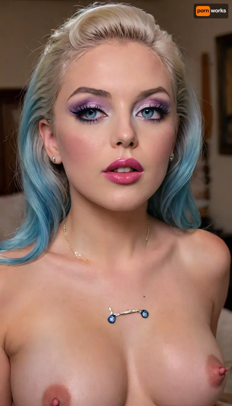 (High-quality facial details), completely naked, different-colored hair, (clear image), photorealistic, high res, multicolored hair tied in a ponytail, necklace, piercings, How to Marry a Millionaire is a 1953 American romantic comedy, Marilyn Monroe, (no pants, no bra), solo, (boots over the knee), ((makeup:1.5), long blue eyelashes with eyeliner:1.2), (big lips:1.3), (purple pussy:1.1), rings in nipples for attaching a chain that connects to a ring in the pussy, (big ass), perfect huge breasts, makeup, eyeliner, eyelashes, lactation, sprayingmilk, (the picture "beware of the cat" in the upper left corner), perfecteyes, <lora:Modern_MakeUp_XL_v0_1:1.8>, <lora:lactation_XL_0_:1.5>, <lora:lora-sdxl-perfect-eyes:2>