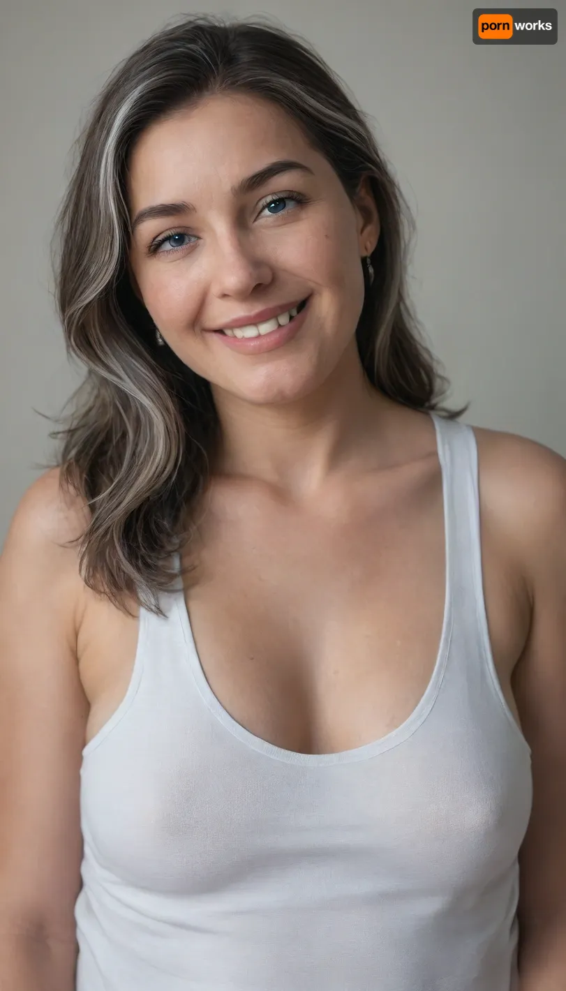 (White silver gilf), (fat bbw:1.3), 60 year old mature woman, (photography studio:.5), (perfect studio lighting), (obese:1.5), drooping, saggy, (smile:1.3), (upper body shot), (detailed skin:1.8), (brunette straight hair with gray highlights:1.3), (big light blue eyes:1.3), (detailed eyes), (small sagging fat breasts:1.2), (mature face), wearing a lowcut v-neck sleeveless T-shirt