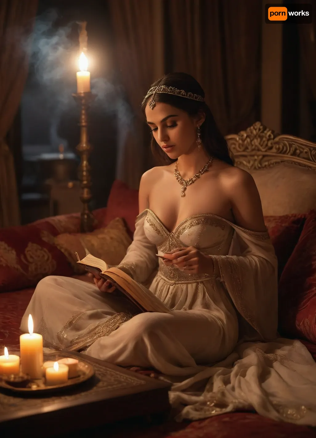 Arabian palace, arabian princess Shehérazade in luxury gown, reading a book to arabian prince sitting on cushion, sensuality, she is undressing, showing her nipples, warm lightning, candles, smoke of incense, realistic, nightly, sensual atmosphere