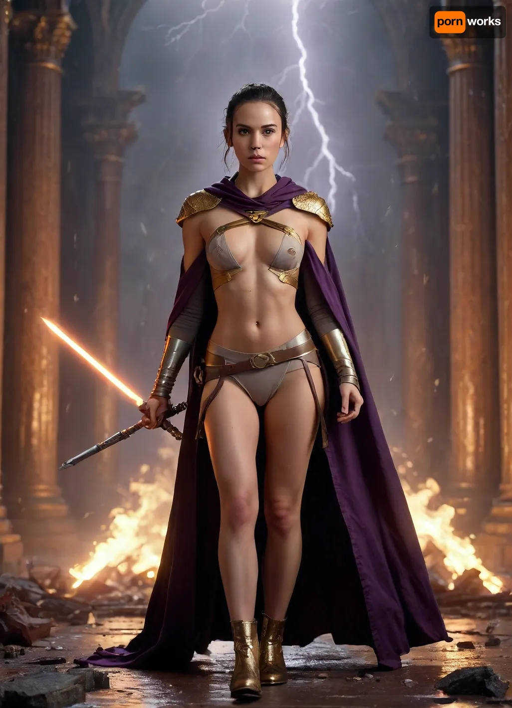 rey from star wars, Topless, (pretty face:1.8), (hood and cloak), lace panties, medium breasts, covered nipples, muscular body, back view, epic fantasy, cinematic shot, dynamic lighting, (holds a black and gold staff topped with a glowing gem), shattered cloud plateau, roaring thunderstorms and forked lightning, crumbling marble pillars raining debris, burning orange and violet storm glow, cinematic wide-angle, epic scale