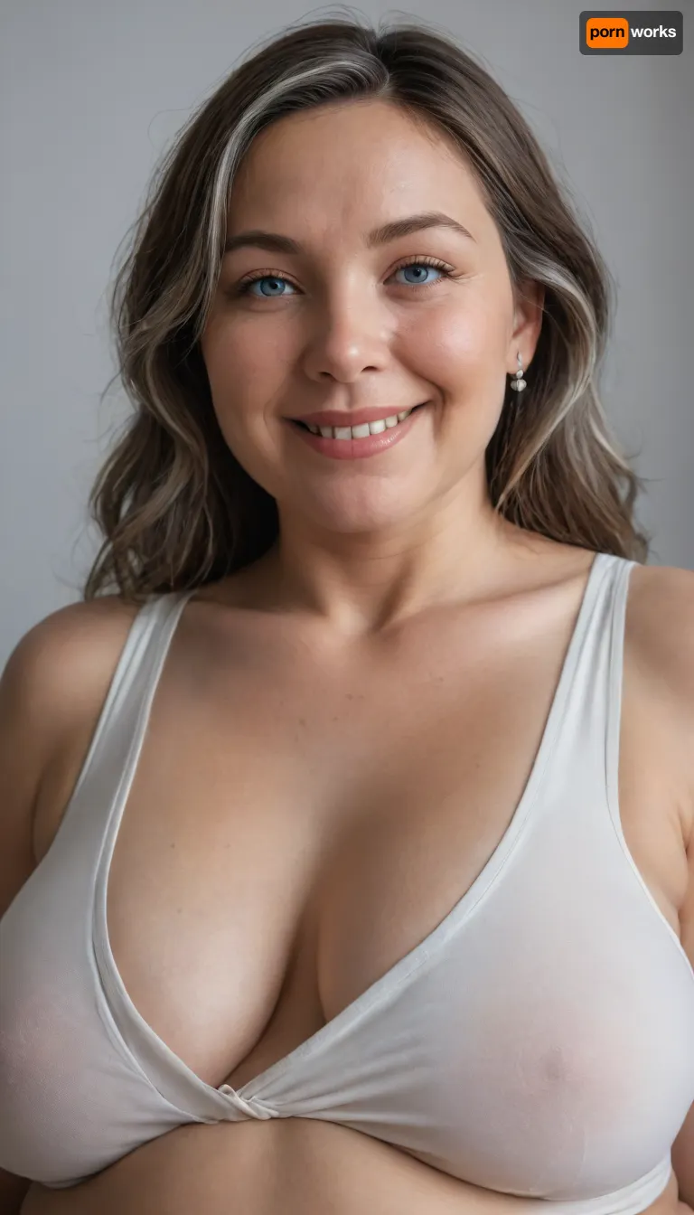 (White silver milf:1.4), (fat bbw:1.3), 60 year old mature woman, (photography studio:1.6), (perfect studio lighting), (obese:1.5), drooping, saggy, (smile:1.3), (upper body shot), (detailed skin:1.8), (brunette straight hair with gray highlights:1.3), (big light blue eyes:1.3), (detailed eyes), (small sagging fat breasts:1.2), (chubby mature face), wearing a lowcut v-neck sleeveless T-shirt