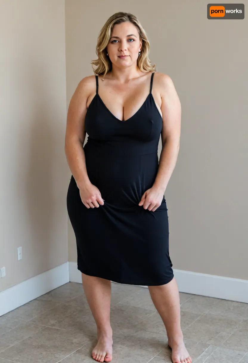 59yo milf, housewife, blonde, photorealistic, 8k, ultra-detailed, raw photo, masterwork, (voluptuous figure:1.4), (obese woman:1.2), plus size, full body shot, indoor portrait, full chest, sagging breasts, wide hips, thick thighs, short black sundress, spaghetti straps, satin minidress, fabric tension, natural contour, soft light, golden hour, rim lighting, patio background, confident pose, (detailed skin texture:1.3), 85mm, f/1.4, cinematic lighting