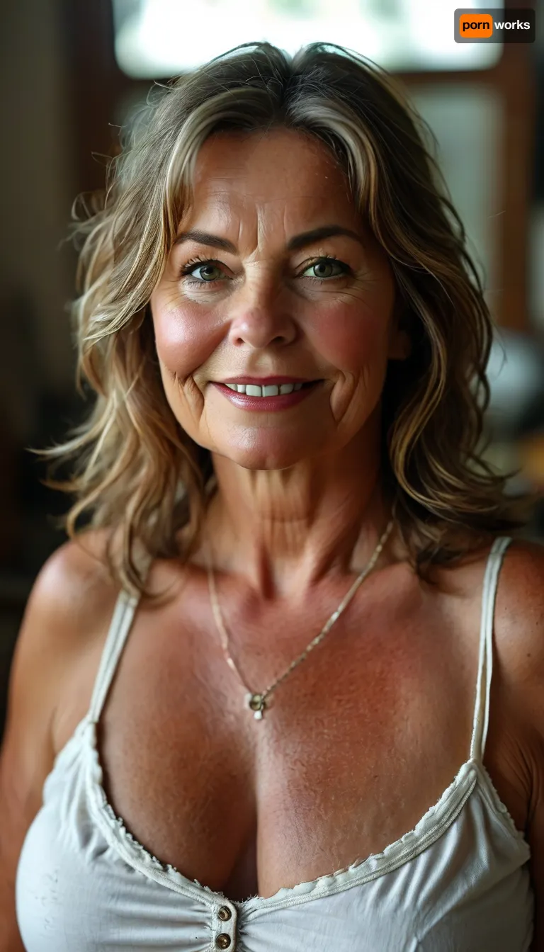 Fat Bbw 60 year old mature woman, photography studio, perfect studio lighting, obese, drooping, saggy, smiling, cowboy shot, detailed skin, (brunette straight hair with highlights:1.3), big eyes, green eyes, (detailed eyes, beautiful eyes, captivating light eyes), Sharp eyes, wearing a white lowcut v-neck spaghett strap tank top, <lora:style_lora_realis:.8>, <lora:MJ52:.8>