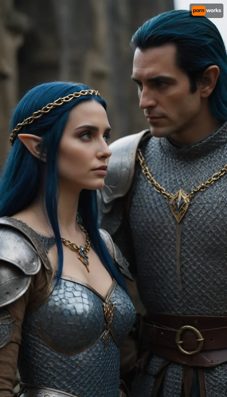 medioeval setting, king with black hair and elf queen with blue hair in chain mail armor