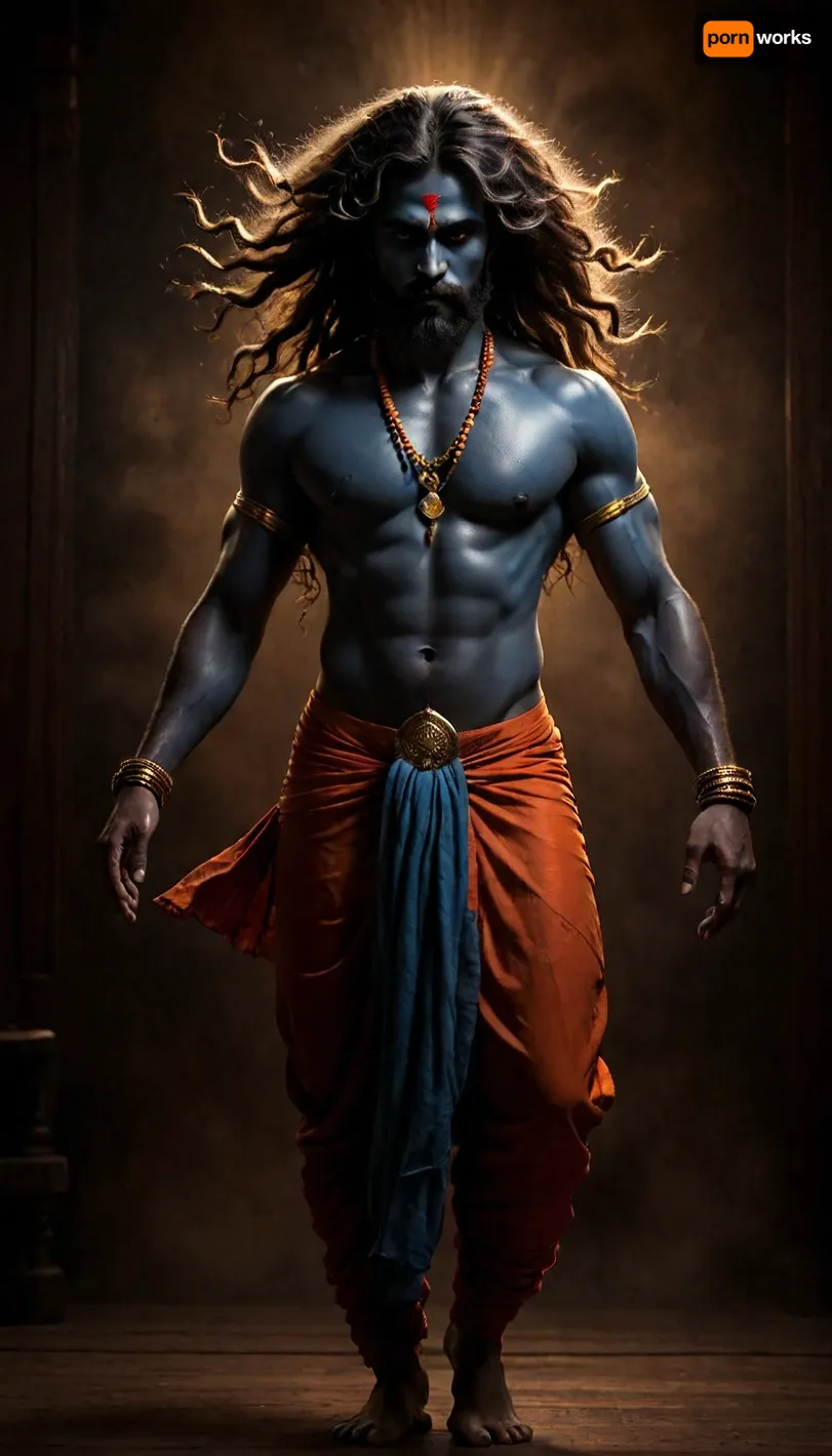 A mythic Indian deity in dynamic dance pose, depicted with vibrant grey-blue skin and a muscular physique. Wild flowing hair, intense glowing eyes, long beard adorned with wooden prayer beads. He wears an orange dhoti swirling dramatically with his movement. Background filled with swirling golden clouds and warm mystical light. Behind him, an ancient sacred yantra symbol in gold, glowing with divine energy. Style, traditional Indian mythological painting, rich textures, dramatic lighting, high contrast, epic spiritual atmosphere, sacred and powerful., <lora:AdvancedEnhancerXLv2:.8>, <lora:b8174d41-8ba7-4318-bc14-53ee7e353d91.TA_trained:2>, <lora:LCMTurboMix_Euler_A_fix:1.4>, <lora:Sweaty_Realism_4-000006:2>, <lora:dark:.5>