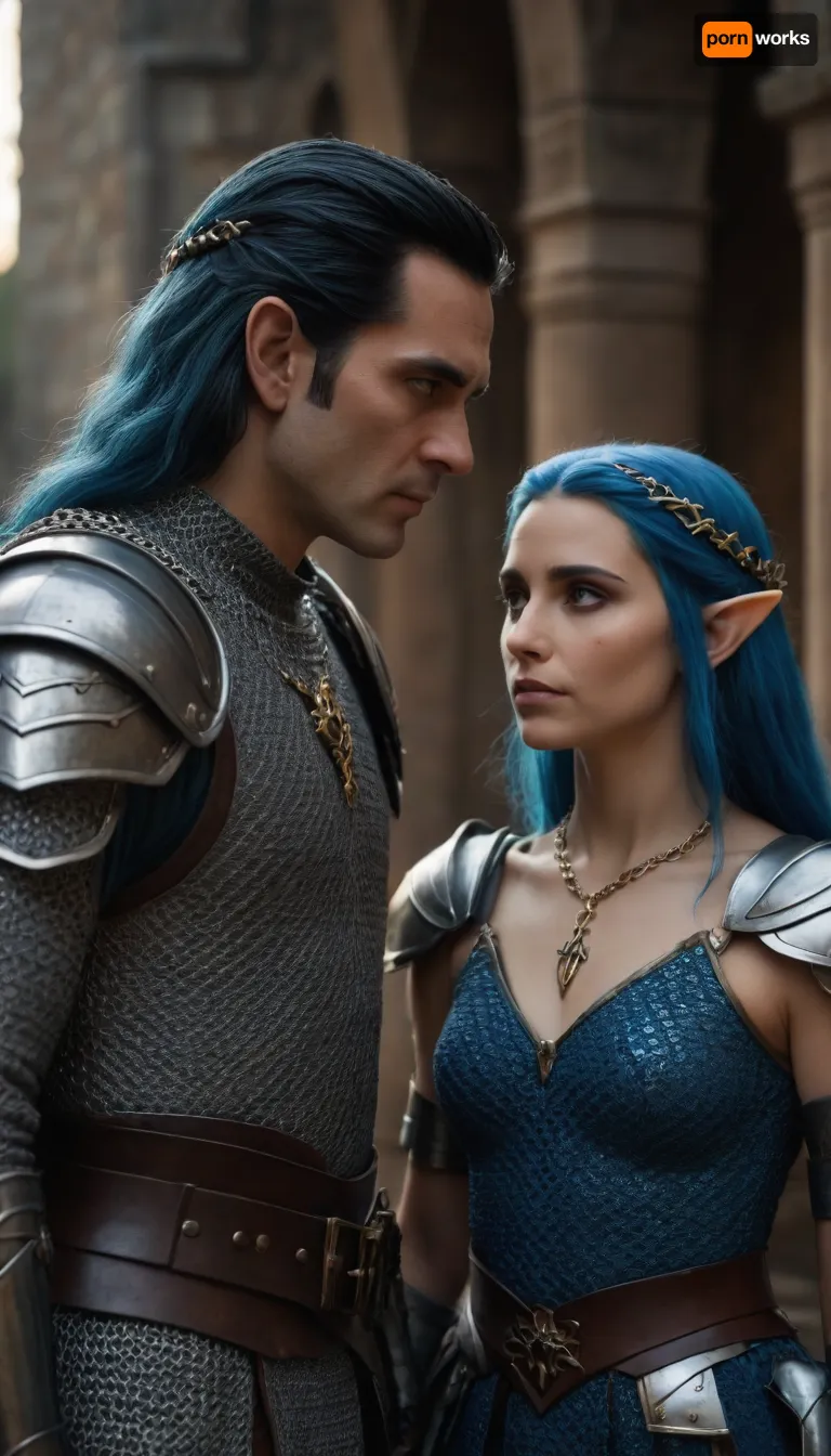 medioeval setting, king with black hair and elf queen with blue hair in chain mail armor
