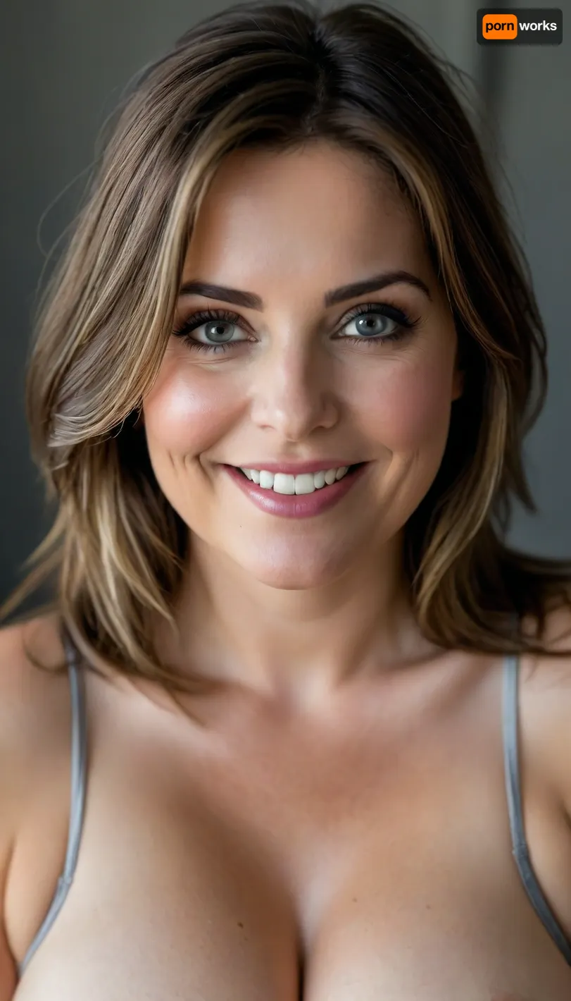 40 year old mature woman, photography studio, perfect studio lighting, obese, drooping, saggy, (smile:1.3), upper body shot, detailed skin, (brunette straight hair with silver streaks:1.3), (big eyes:1.2), (detailed eyes), beautiful eyes, captivating blue eyes, Sharp eyes, (medium sagging fat breasts:1.2), wearing a white lowcut v-neck spaghett strap tank top, <lora:style_lora_realis:.8>