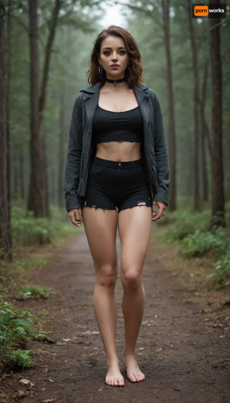 russian 20yo woman, in ripped pijama barefoot, stainless electro choker, full shot, in the winter forest