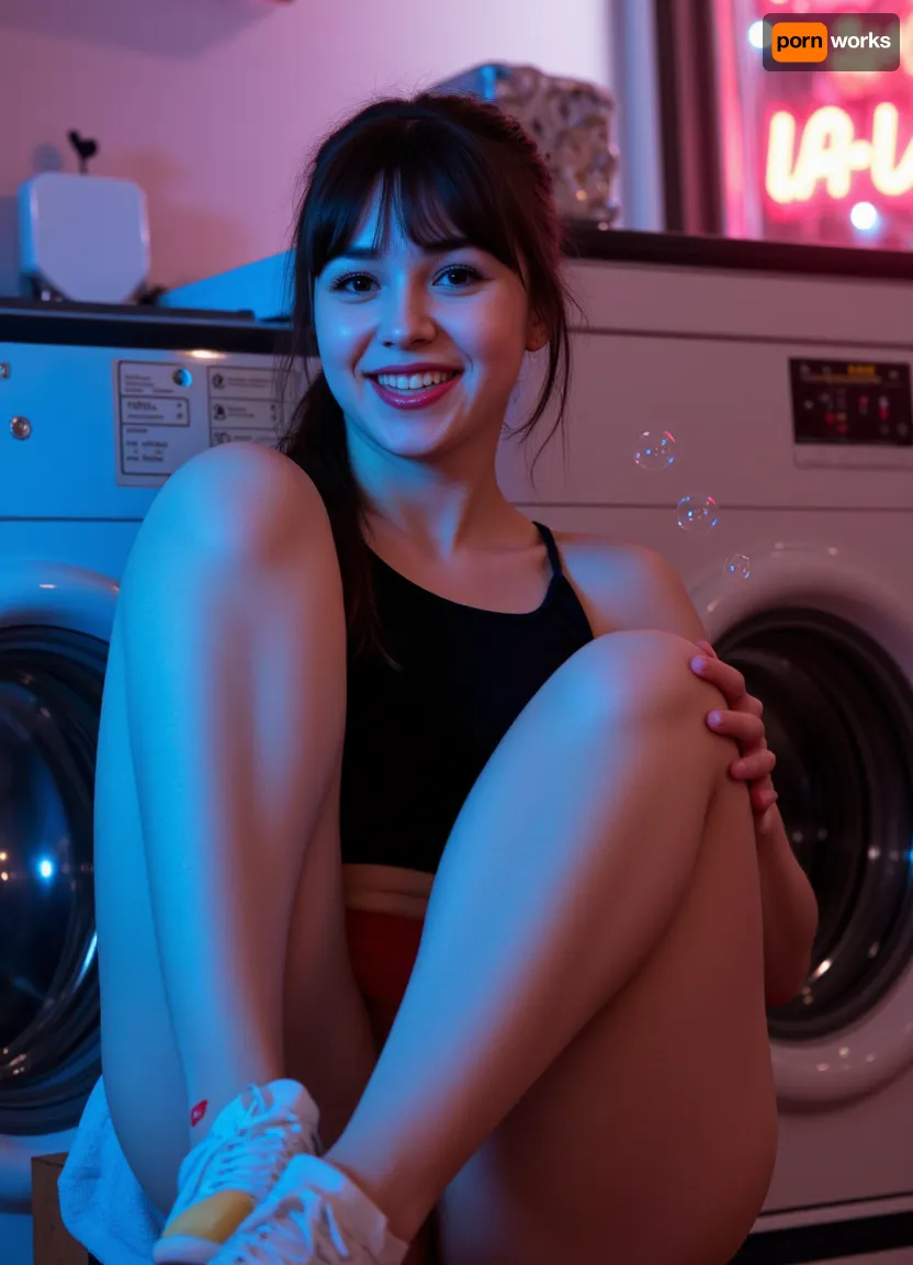 An ultra realistic 35mm photograph of a playful young beautifull thin and very fit white caucasian woman in a small retro self-service laundromat at night. She has a very pale skin, long jet-black hair, crystal bright light blue eyes and a ponytail. Sexy red lipstick, black eyeliner, false eyelashes. She is sitting on a running washing machine, leaning toward the camera with a charming smile and a mischievous look. She blows soap bubbles toward the lens, some bubbles are sharp in the foreground, others are out of focus as colorful bokeh.

Blue and pink neon light from the outdoor sign reflects in the machine doors and on her skin. Warm, joyful, slightly cinematic atmosphere, with pastel and neon tones. She wears a black tank top, a red mini-skirt, she wears sneakers, no panties, no underwear, with a few messy strands of hair that enhance her playful appearance.

Dynamic composition in a slight low-angle shot, shallow depth of field, soft bokeh, fine film grain. Focus on her bright face and laughing eyes, capturing the exact moment when a bubble bursts near her smile. Editorial photography style, spontaneous, natural, full of life, playful and lightly seductive, with a vibrant urban night mood. aidmafluxpro1.1, Perfect, Eyes, Detailed, skin, Skin, blemish, good, looking, woman, b34t5, <lora:aidmaFLUXPro1.1-FLUX-v0.3:.5>, <lora:FLUX_Polyhedron_all_Kohya_ss-000001:.8>, <lora:Better_Looking_Women_MR_FLUX:1>