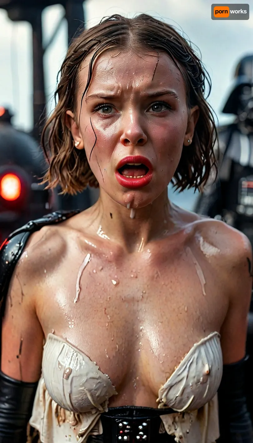 (Millie Bobby Brown from Stranger things), (angry mad), (huge massive Darth Vader dick:1.24), (Darth Vader super white skin), (huge veiny wet dick:1), (((extreme painful creamy deepthroat:1))), ((cum)), (Star Wars starship background), extremely graphic, high detail, hyperrealistic, 8K, BadX, porn photoshoot, detailed skin, (on the roof, steam locomotive, steampunk), blushing, DETAILED background, spectacular lighting, (eyes wide open in horror:1.24), (wide mouth spreader:1.5), (pleading expression:1.18), (terrified:1.12), (crying:1.65), UHD 8K, (full body photograph:1.1), (creamy deep deepthroat:1.12), (extreme oral sex:1.4), (huge massive white dick:1.4), (cum), (hands pulling hair hard), professional photograph shot on kodak, 35mm photo, sharp focus, high budget, cinemascope, 100 mm lens, 1/250 s, f/2.8, ISO 300, (detail Millie Bobby Brown:1.32), milliebb101, <lora:Millie_Bobby_Brown_SDXL_101:2>, <lora:LCMTurboMix_Euler_A_fix:2>, <lora:CinematicStyle_v1:2>, <lora:MJ52:2>, <lora:zavy-brbrn-sdxl:2>