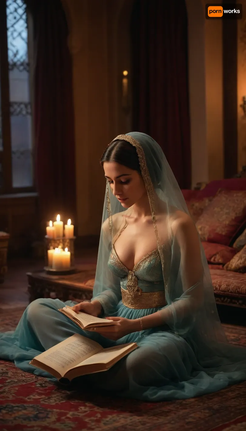 Scheherazade from Thousand and One Nights, reading a book in Arabic, wear an outfit made of transparent veils . She has a dreamy expression, showing her nipples. she is in Baghdad, in an Arab palace, on Persian carpets and surrounded by cushions. The atmosphere is magical, incense smoke wafts through the air, creating a great serenity and a warm light, candles and moonlight
