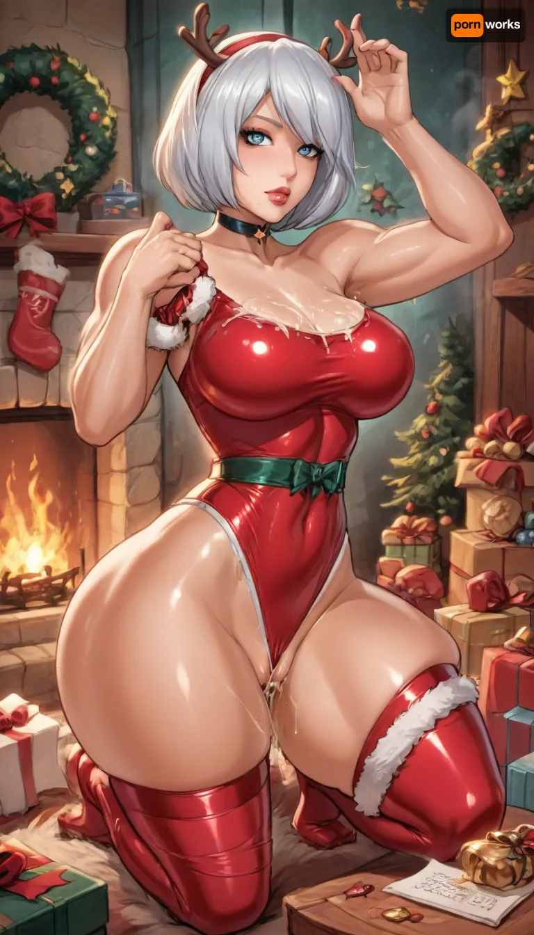 (reiq art style:1.1), (beautiful muscular 2B From Nier Automataskin:1.6), (((1girl, solo, alone))), sexy and busty body, muscular arms, muscular legs, thick thighs, muscular round ass, (pale skin:1.3), (lustful face), (white silver hair in a bob cut), (muscular body), (Christmas), (fireplace), (front pose Porn star posing:1.5), (heavily tight Christmas wrapping paper bra:1.4), (Christmas wrapping paper stockings:1.5), (Christmas wrapping paper thong:1.5), ((big cum all over on breasts:1.5)), (big cum all over on butt:1.5), ((cream cum dripping coming out open pussy:1.5)), (puffy swollen labia puffier), (hot pussy), perfect fingers, A masterpiece of the highest quality, the work of a real master, bouncing breasts, bouncing ass, seductive, seductive eyes, black choker, steam, sweat, full body in view, <lora:cartoon_stickers_xl_v1:1.4>, <lora:hentai_anime_style_xl_v1:2>, <lora:AnimatedNightmaresStyle:.1>, <lora:EnvyBeautyXL02:1.3>, <lora:nier2b_agnxl4:2>