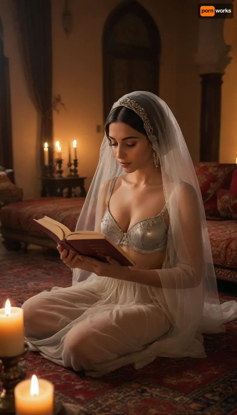 Scheherazade from Thousand and One Nights, reading a book in Arabic and playing oud, wear an outfit made of transparent veils and a silver bra. She has a dreamy expression and removes her bra. she is in Baghdad, in an Arab palace, on Persian carpets and surrounded by cushions. The atmosphere is magical, incense smoke wafts through the air, creating a great serenity and a warm light, candles and moonlight