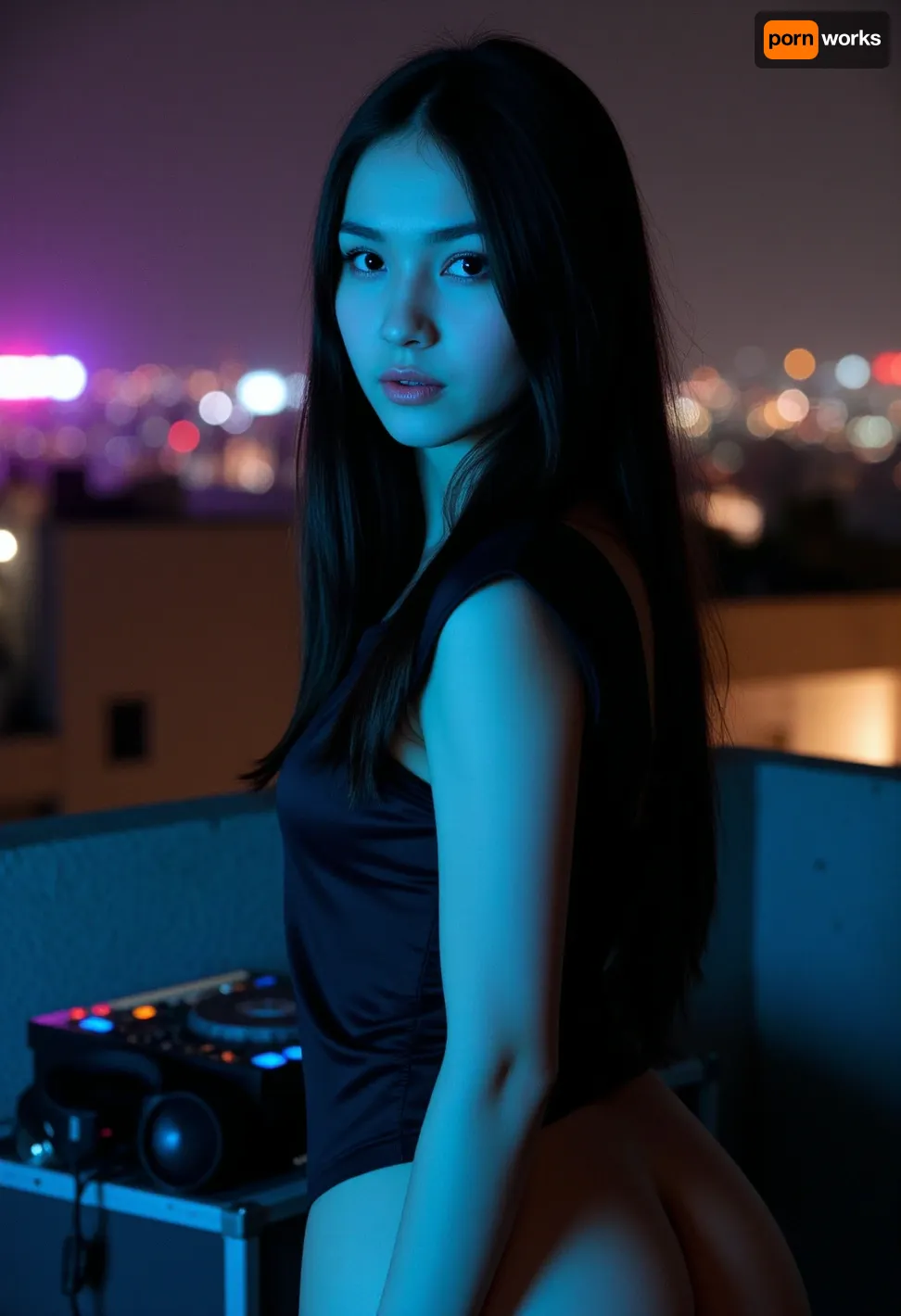 Ultra realistic night-time rooftop scene in a big city, shot with a fast 50mm lens. A stunning young adult woman is the main subject, standing near the edge of the rooftop, half-turned toward the camera. She has very long jet-black hair, crystal blue eyes, and extremely pale porcelain skin, creating a strong contrast with the dark environment. She wears a minimalist black outfit with subtle glossy fabric that catches the light, and thin silver jewelry. Around her, there is compact DJ and audio gear, a small mixing console with glowing LED meters, a pair of studio headphones resting on a speaker, a few coiled cables reflecting the light. The city in the background is blurred into dark shapes and distant neon signs, soft bokeh in deep blues, purples, and magentas. deep blacks, rich shadows, selective pools of colored light. The main light is a soft cyan LED panel from the side, outlining her hair and cheekbones, with a secondary magenta rim light from behind adding a subtle halo around her silhouette. Her crystal blue eyes catch a tiny reflection of the LEDs, making them appear almost luminescent against her pale skin. Highly cinematic, realistic photography style, detailed skin texture, realistic fabric and hair strands. Shallow depth of field, background city lights as soft, musical bokeh. Atmosphere, dark, elegant, musical, slightly melancholic but powerful, as if she were the mysterious DJ of the night. dark tones, neon highlights, and dramatic contrast. aidmafluxpro1.1, maxdark, <lora:3857fbdf-26e4-48c3-b271-e77c0db7fcab.TA_trained (1):1>, <lora:Perfect_eyes_gaze_look:.8>