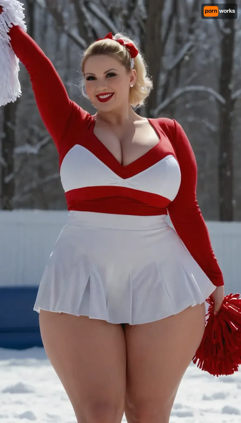 RAW photo of a 30 year old glamour smiling woman, very pale skin, red lipstick, perfect teeth, beautiful face, curvy body, (gigantic breasts, wide hips, thick thighs), (((fully clothed cheerleader))), snow background, masterpiece, best quality, high resolution, 8k uhd, high quality, extremely detailed, ultra high res, <lora:Venus_Body_Alpha:.8>, <lora:milkers_v2:.5>