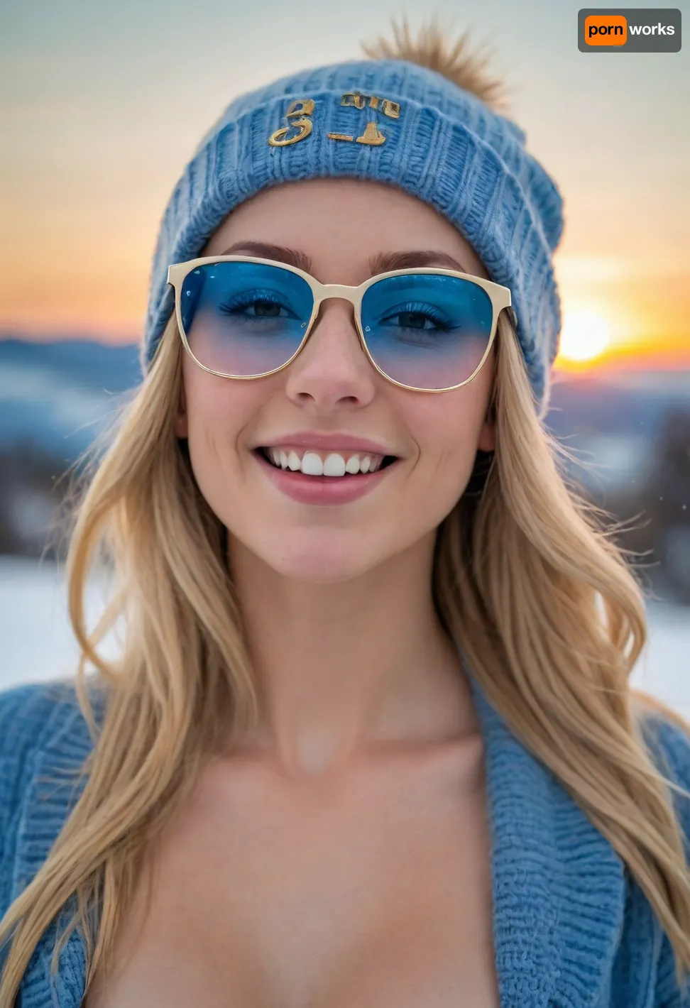 Woman, (topless), hard nipples, Long blonde hair, wool cap, posing, smiling, Snowing, sunset, 3/4 View, (photorealistic, highly detailed, best quality, masterpiece, high definition), (big thin rectangle blue glasses with gold lens)