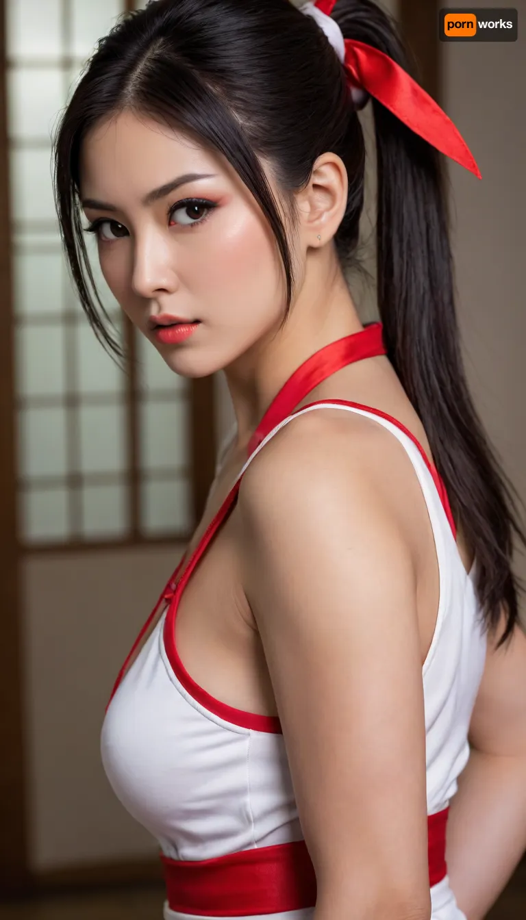 “Ultra-realistic portrait of a real Japanese woman inspired by Mai Shiranui from King of Fighters. Sensual, confident expression, soft parted lips, intense dark eyes. Long, silky black hair in a high ponytail with a thick red ribbon. Athletic yet feminine body with natural curves and smooth glowing skin. Wearing a sensual but realistic modern reinterpretation of Mai’s iconic red-and-white kunoichi outfit, deep neckline, open back, tied fabric details, real textures, authentic stitching, subtle fabric folds, no cartoon look. The outfit highlights her curves tastefully while staying faithful to Mai’s seductive style. Cinematic soft lighting, warm highlights on skin, realistic shadows, shallow depth of field. Shot on a professional camera with an 85mm lens. Extremely detailed skin pores, lifelike color grading, 8K ultra-detailed, elegant, sexy, confident, and realistic.”