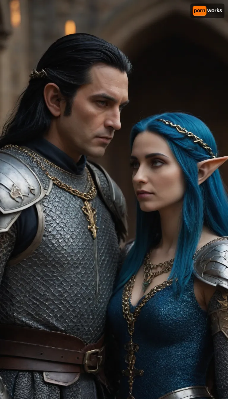medioeval setting, king with black hair and elf queen with blue hair in chain mail armor