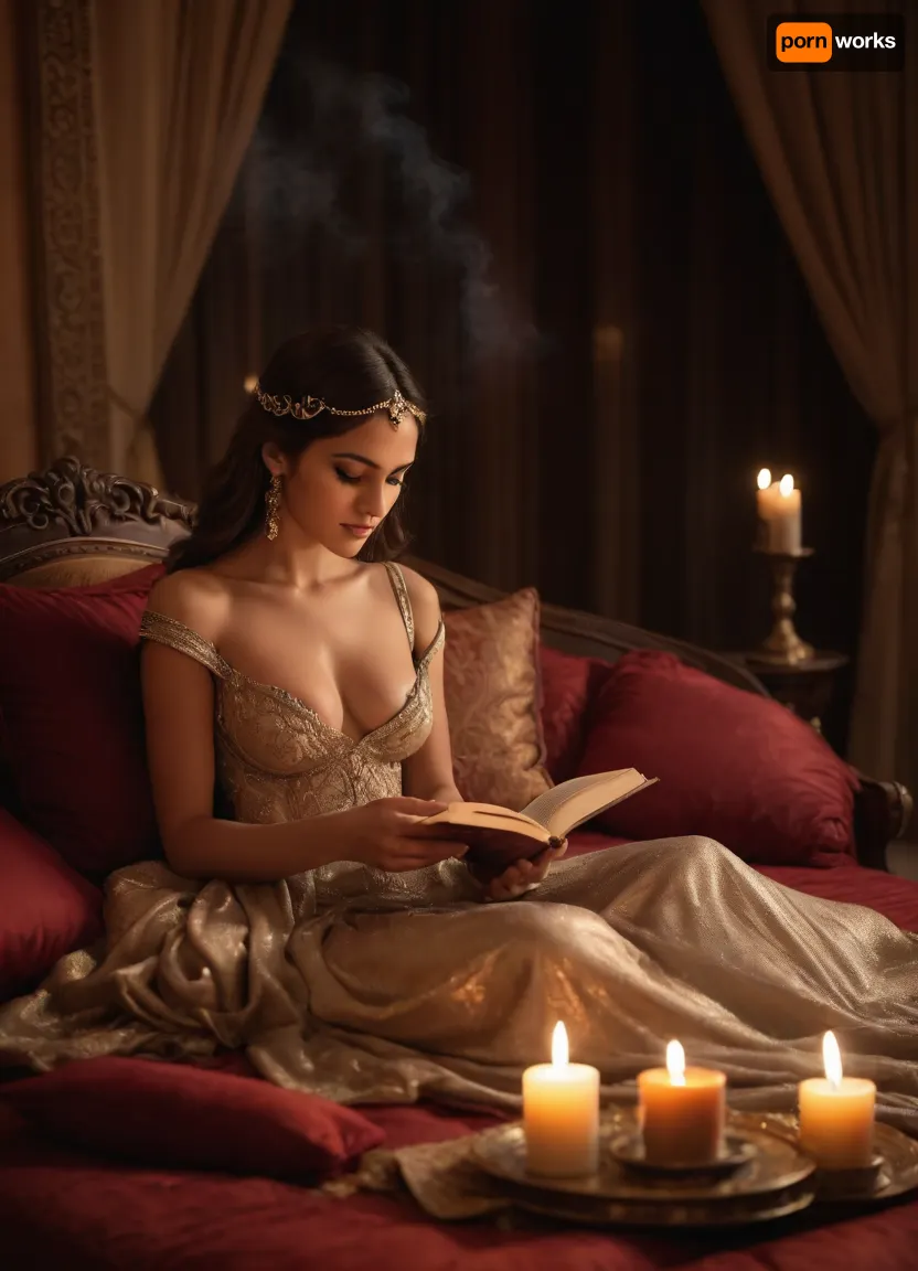 Arabian palace, arabian princess Shehérazade in luxury gown, reading a book to arabian prince sitting on cushion, sensuality, she is undressing, showing her nipples, warm lightning, candles, smoke of incense, realistic, nightly, sensual atmosphere