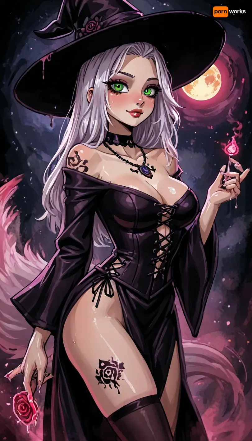 (reiq meets innv and markgavatino style:1), Purple Goth costume sexy kitsune., (witchcraft, magic spells, arcane energy, potions), witch hat, <lora:LCMTurboMix_Euler_A_fix:1.1>, <lora:EnvyBeautyXL02:1.1>, <lora:EnvyAnimeDigitalPaintingXL01:1.1>, solo sultry in outdoor foggy steamy, cute butt cheeks and cute cleavage, fog, ((extreme psychedelic background bedroom)), wet hair, sparkling green eyes, rose tattoos, agaricus mushrooms, shiny necklace, nighttime orange moon, bright night sky with stars planets and galaxies, ((fox tail)), skirt and corset, ((he is dripping fluid and slobbering, liquid running down her thighs forming puddles)), dynamic oblique, (view small hint of pink panties:.6), 8k ultra high definition