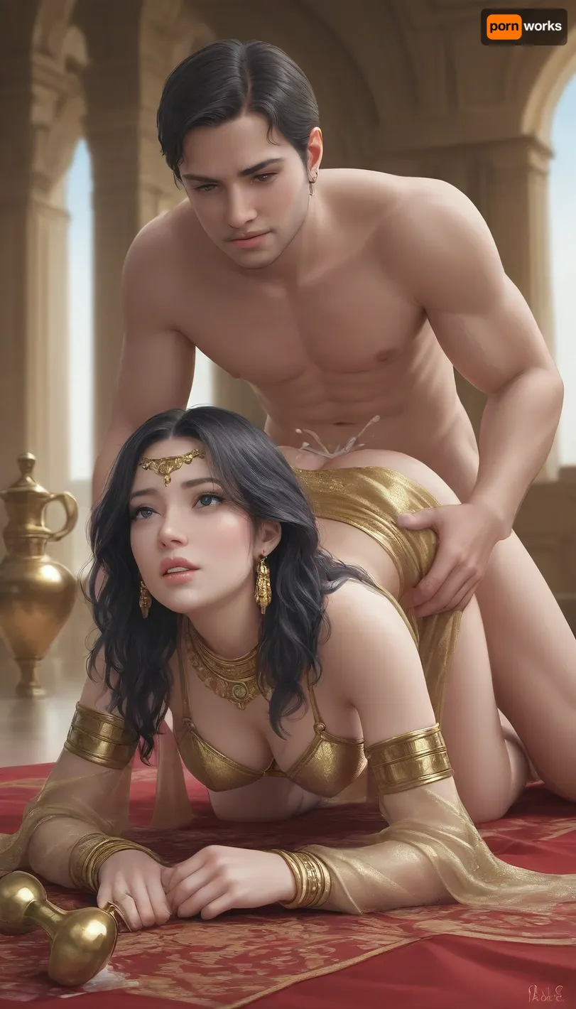 An Arab man and woman on arab carpet in an Arab palace, she is dressed in a golden Arab skirt and bra, cumming, a genie merging from a bottle, anal penetration, doggystyle, cum, romantic atmosphere, manga style, hentai
