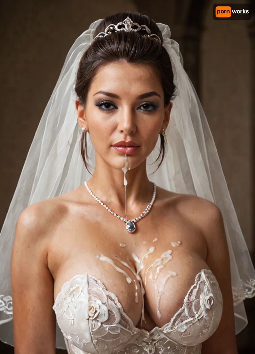 score_9, score_8_up, score_7_up, mature_female, milf, cougar, mature_body, mature_face, 1woman, 1girl, breasts, wedding_dress, cum, dress, veil, facial, cleavage, solo, large_breasts, makeup, cum_on_body, realistic, lips, tiara, bridal_veil, cum_on_breasts, white_dress, hair_bun, bride, lipstick, nose, single_hair_bun, black_hair, brown_eyes, eyeshadow, upper_body, lace, parted_lips, bukkake, brown_hair, jewelry, eyelashes, dark_skin, strapless, lace-trimmed_dress, dripping, dripping_cum