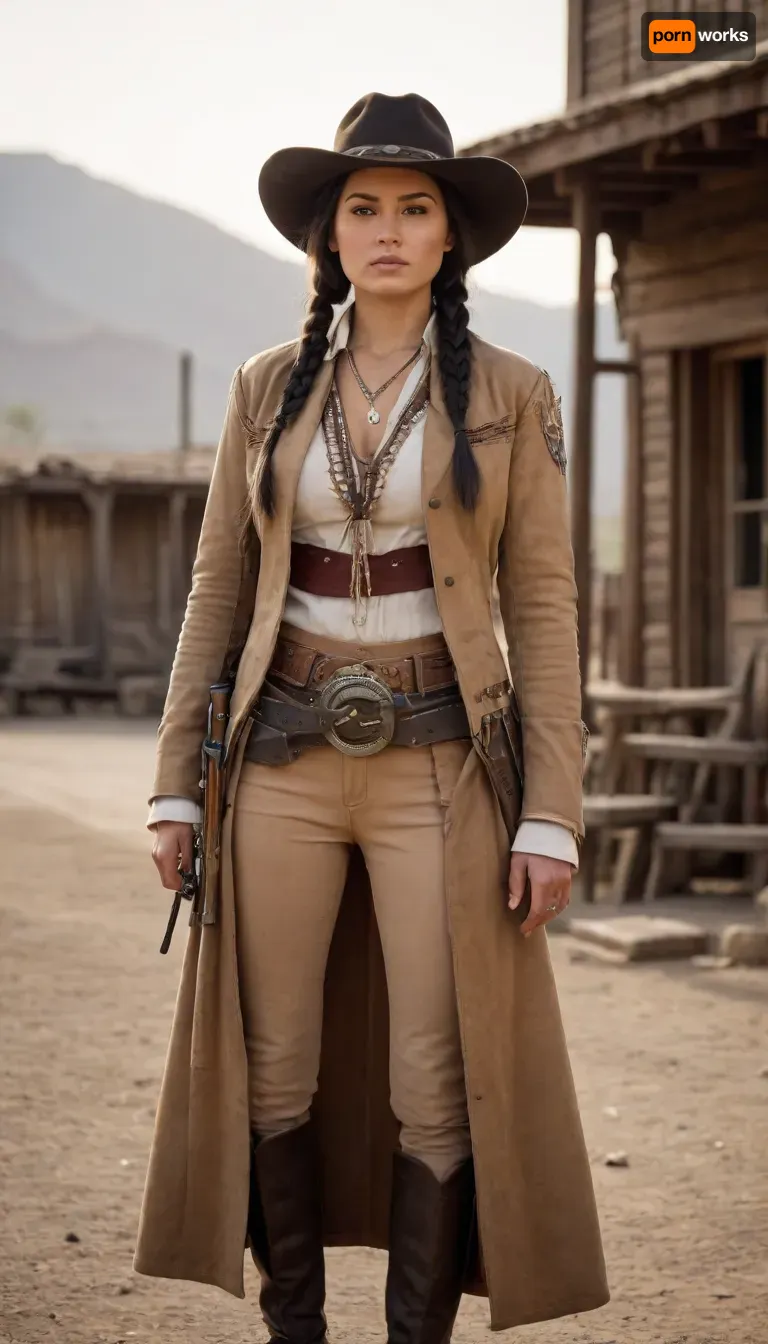 Beautiful Native American female gunslinger of the Old West, strong and graceful with a proud stance. Sun-kissed skin, long black braided hair, piercing dark eyes filled with determination, largebimbo breasts. Wearing a mix of frontier and Native attire, weathered leather duster coat over traditional beaded tunic, gun belt with revolvers at her side, cowboy hat with feather tucked into the band, no shirt. Standing in a dusty frontier town street at dawn, poised for a duel, saloon and wooden buildings in the background, desert mountains on the horizon. Ultra-realistic Western art, highly detailed, cinematic golden sunlight, atmosphere of grit, pride, and strength.