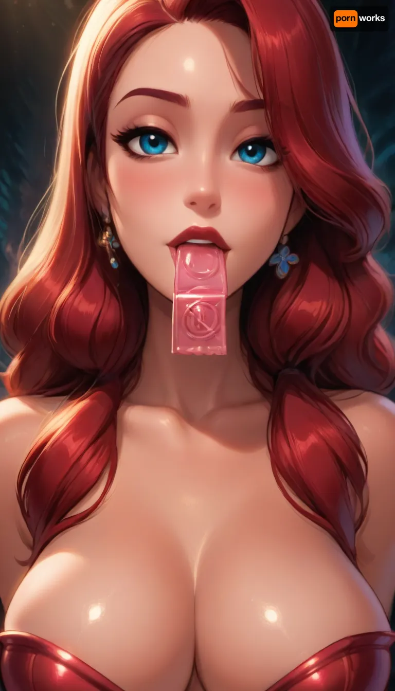 ((Reiq style)), Close up of Jessica rabbit’s upper body, focus on huge chest, condom packet in mouth, winking, red dress, <lora:add-detail-xl:2>, <lora:princess_xl_v2:.8>, <lora:DetailedEyes_V3:2>, <lora:Animated_Concept:.9>