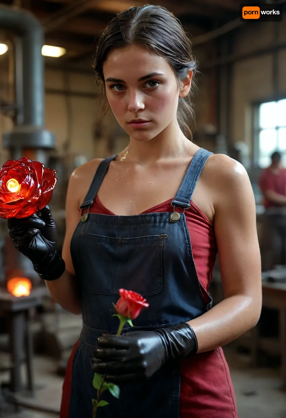 red glass rose, Beautiful A Venetian female factory worker blowing glass, workers overalls, shirtless, long black work gloves, wet hair, sweat, glass furnace in the background, 1girl, (medium, long shot:.8), <lora:detailed_notrigger:.6>, <lora:Midjourney Image Enhancer XL v1:.4>, <lora:bralessSDXL_v1_00022:.8>, <lora:()Ashlynn Spektre XL:.4>