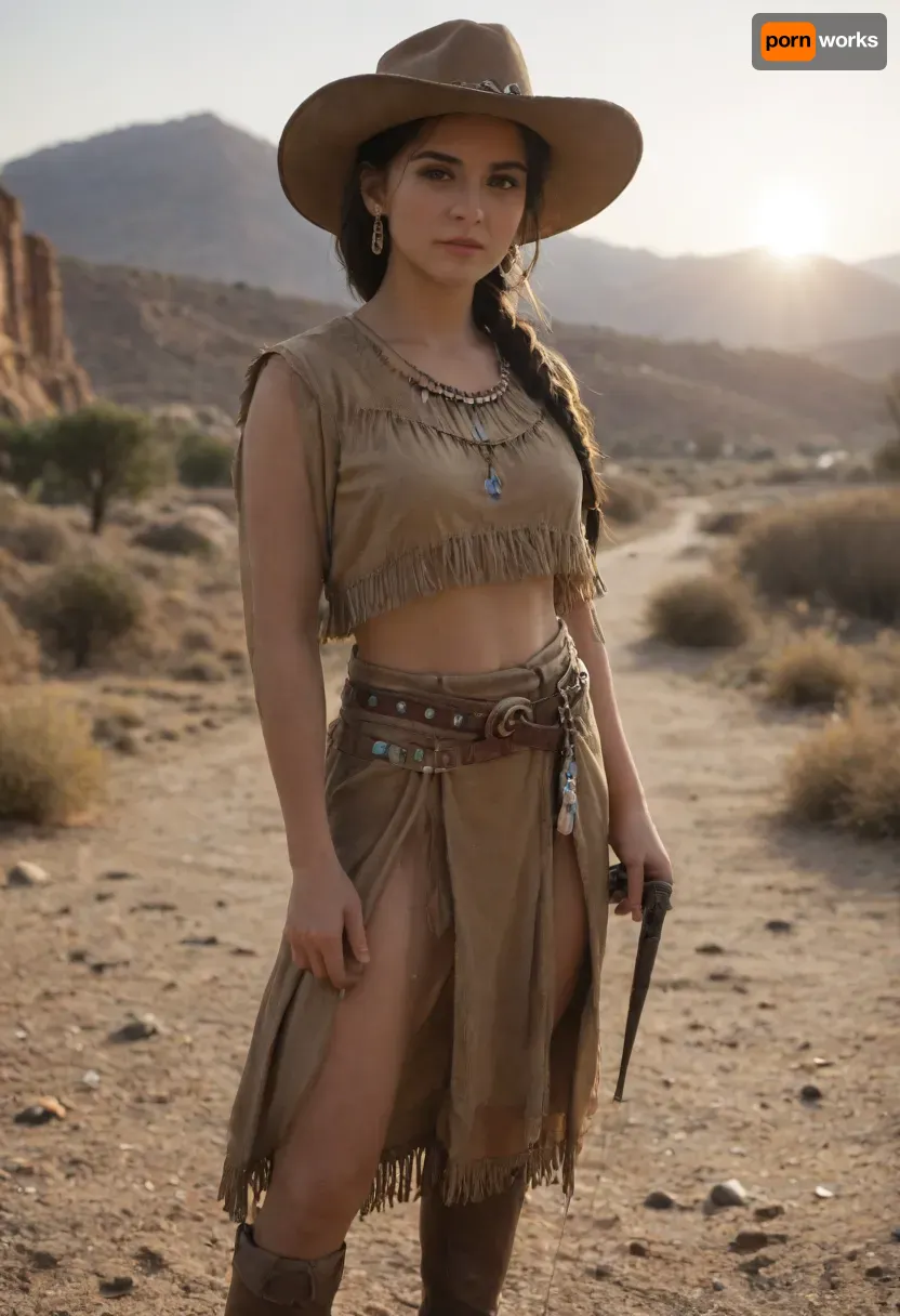 Beautiful Native American female gunslinger of the Old West, strong and graceful with a proud stance. Sun-kissed skin, long black braided hair, piercing dark eyes filled with determination. Wearing a mix of frontier and Native attire, weathered leather duster coat over traditional beaded tunic, gun belt with revolvers at her side, cowboy hat with feather tucked into the band, and sturdy riding boots. Standing in a dusty frontier town street at dawn, poised for a duel, saloon and wooden buildings in the background, desert mountains on the horizon. Ultra-realistic Western art, highly detailed, cinematic golden sunlight, atmosphere of grit, pride, and strength.