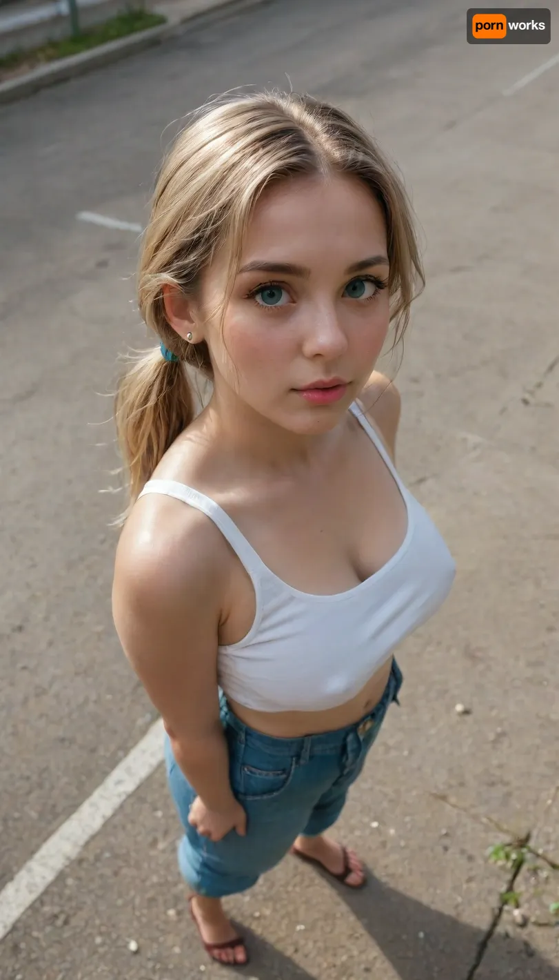 Masterpiece, best quality, extreme details, a woman, 30 yo, (seductiv look), (beautiful, huge natural breasts), (white bra underneath tank top), (hard erect, pale nipples), (big, pale aureolas), perfect hourglass figure, (narrow waist), (flat belly), beautiful round butt, (narrow face), (cute face), (big eyes), (blonde), (low ponytails), messy hair, (tank top), baggy pants, (hair blowing in the wind), (shirt blowing in the wind), walking in public through a pedestrian zone, full body, ((view from above)), ((beneath viewer)), ((view from high angle)), green, eyes, blue, brown, perfecteyes, <lora:HandFineTuning_XL:.8>, <lora:PerfectEyesXL:.8>