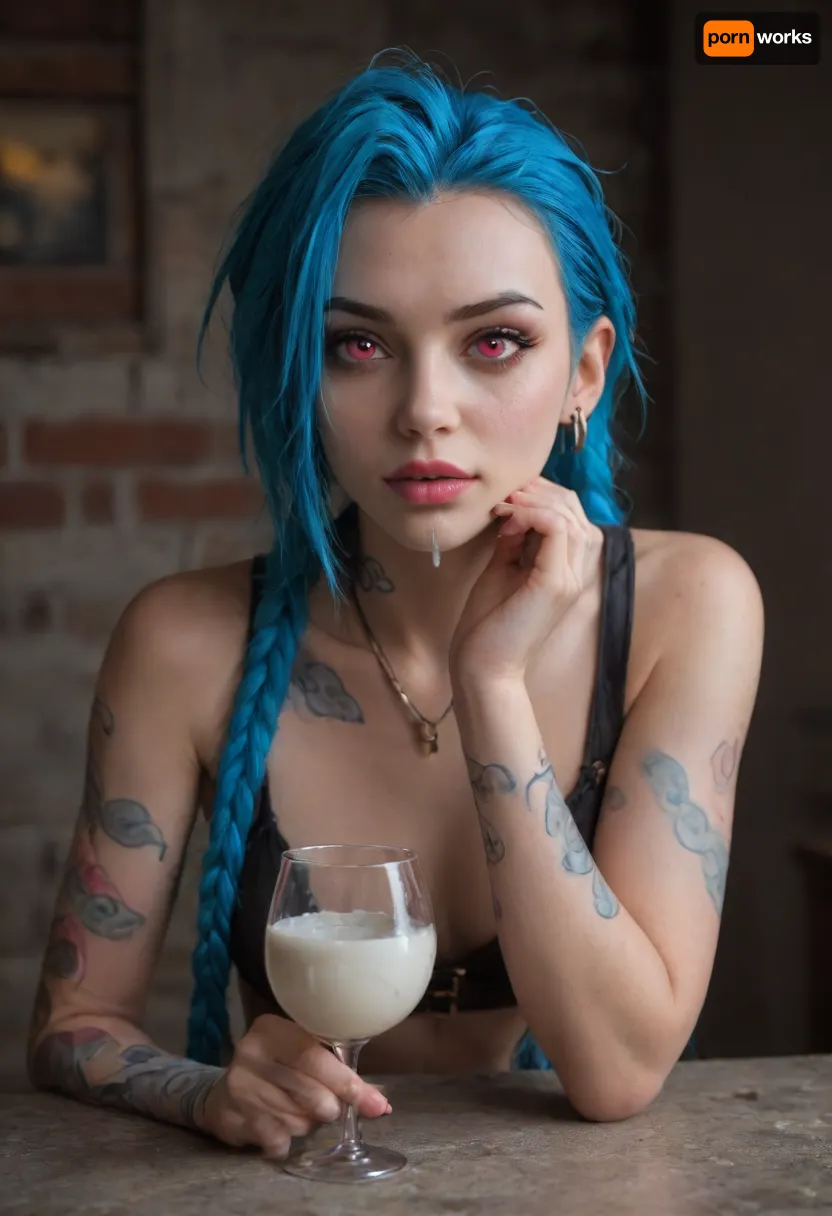 drinking cum in a glass, jinx, (league of legends), pink eyes, b, conrtneo, neon, concrete, <lora:MIAOKA_JINX_1.0_SDXL:.8>, <lora:- SDXL - conrtneo _neon-concrete _V2.0:.8>, drop of cum on her lips